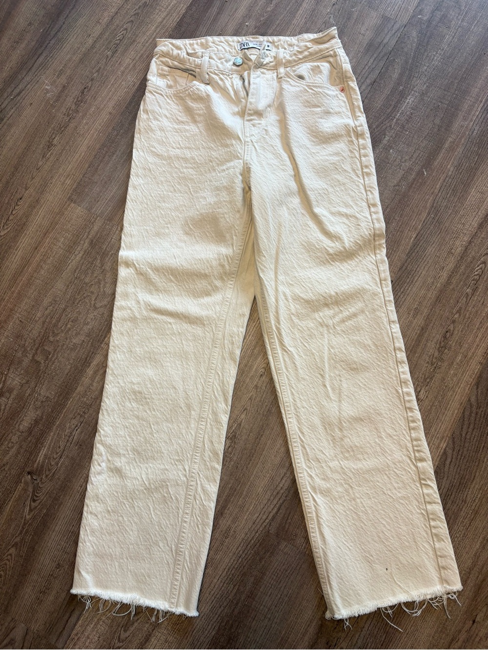 Zara Cream Straight-Leg Jeans with Raw Hem